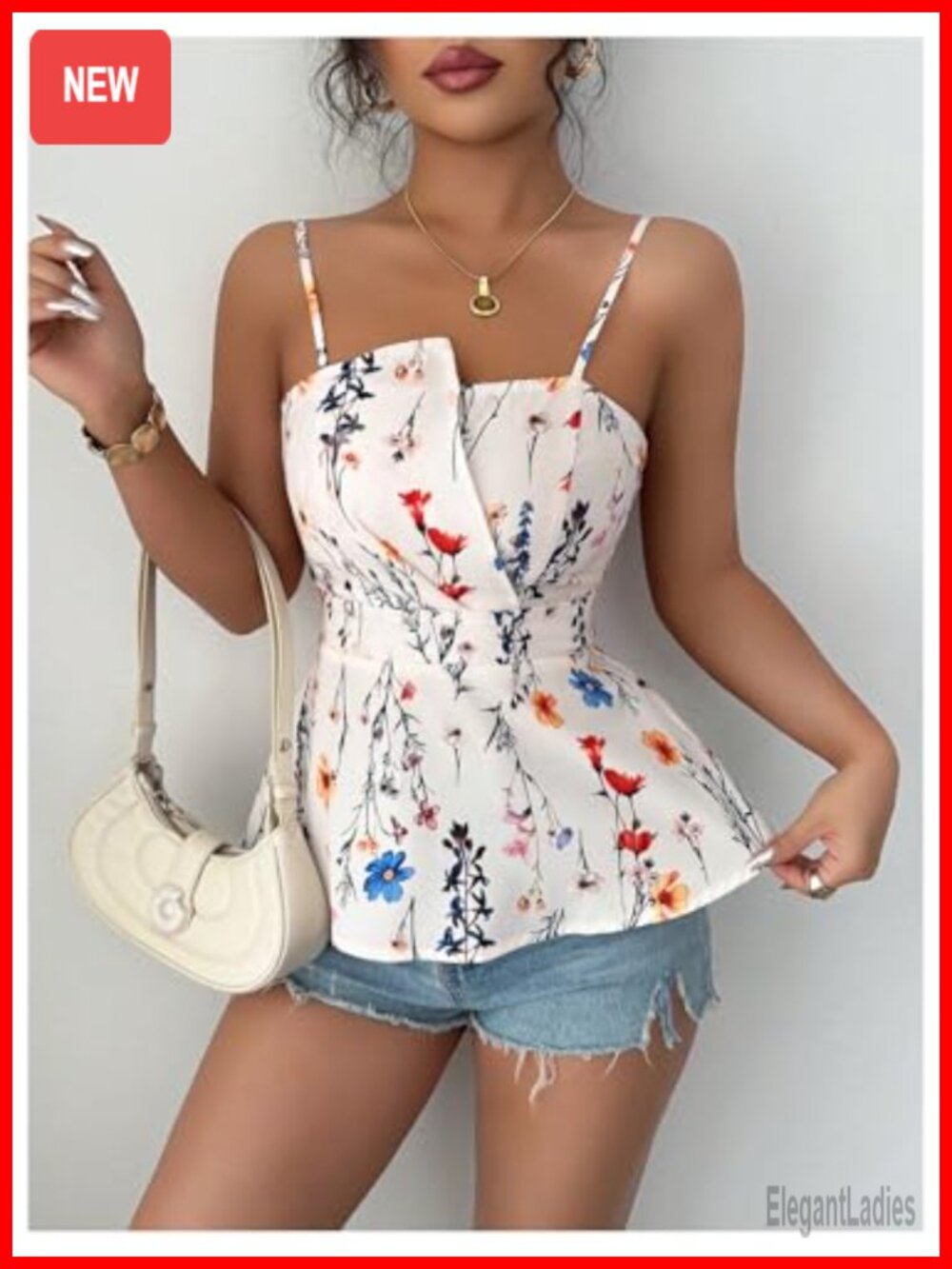 Boho Floral Sleeveless Peplum Camisole Top with Smocked Back Ruffles - Picture 4 of 5